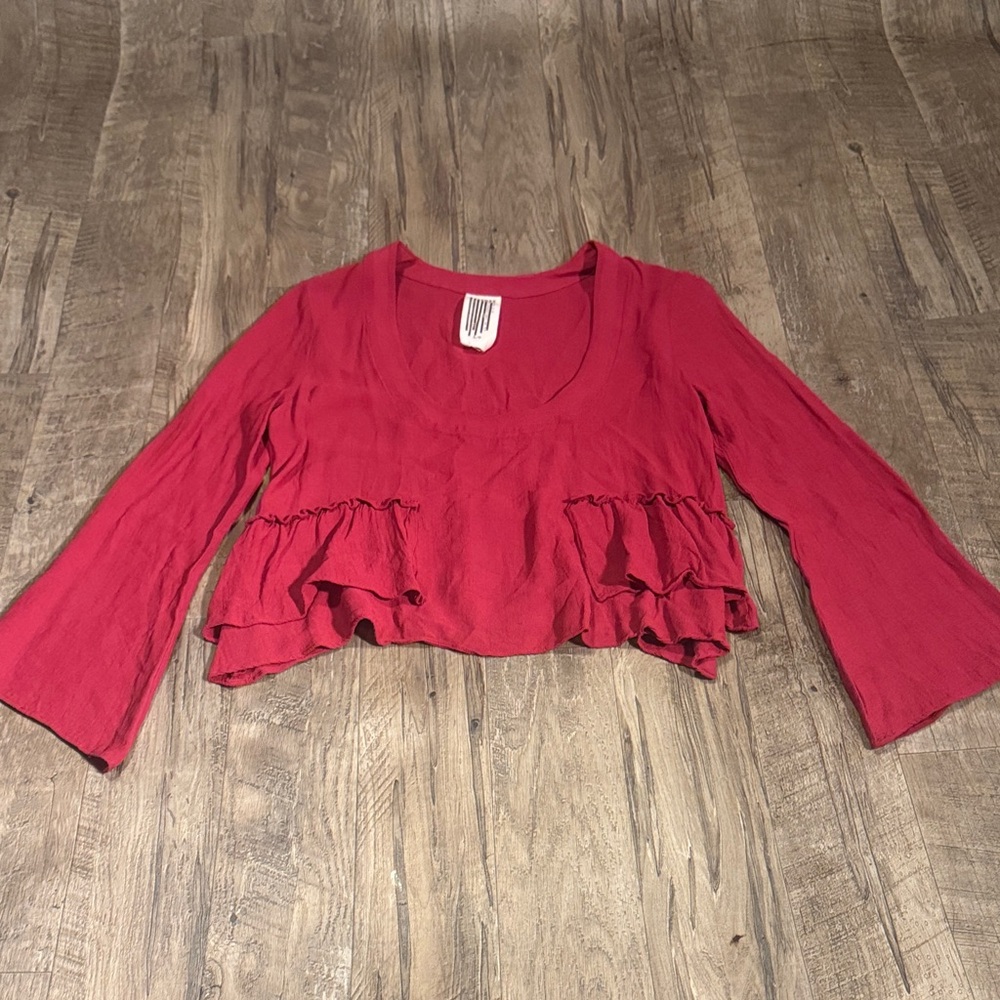Free People Red Ruffle Blouse with Bell Sleeves - Size S